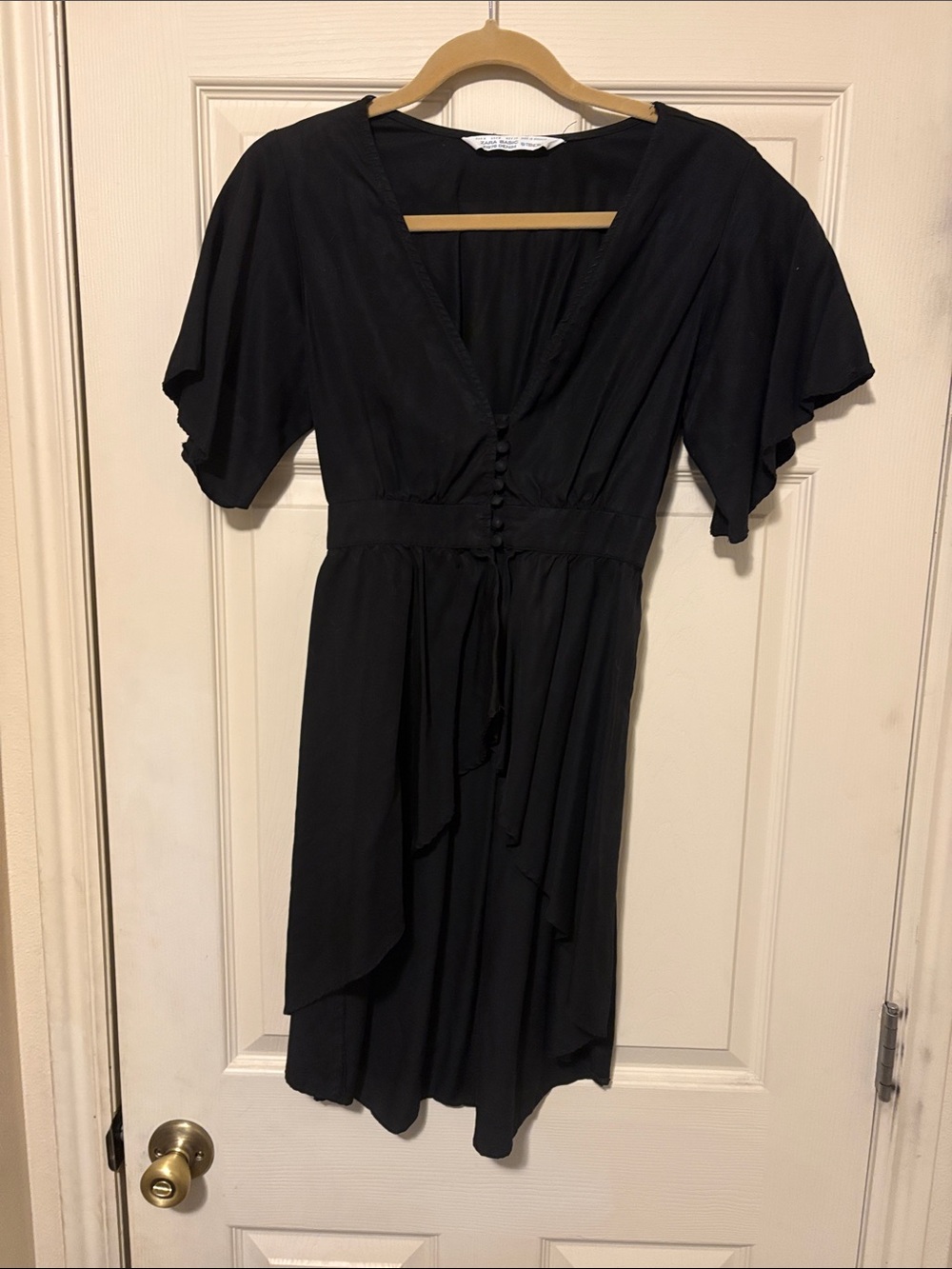 Black V-Neck Flutter Sleeve Shirt - Women